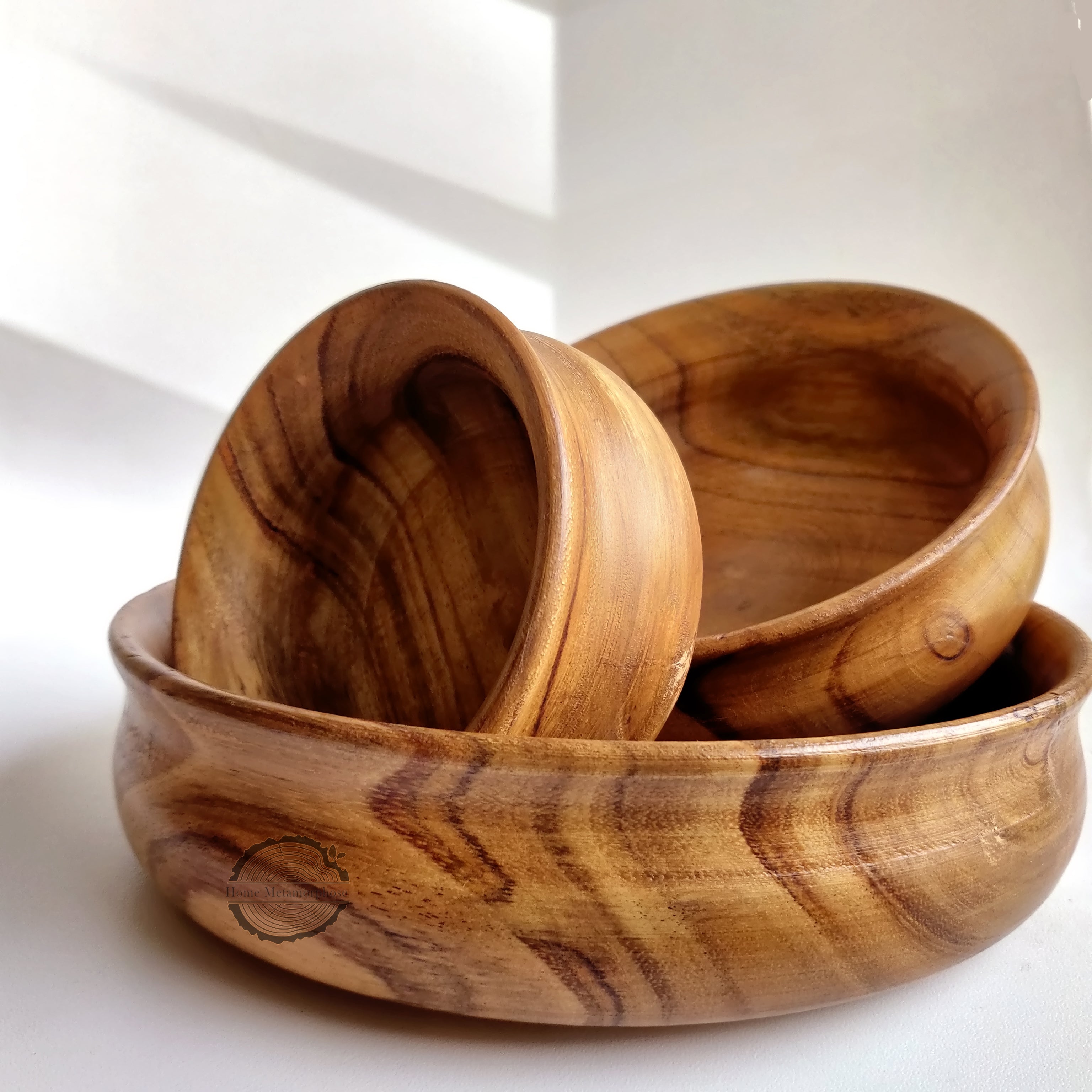 Wooden Round Bowl Set Of 3,Decorative Wooden Bowl Rustic Farmhouse Décor