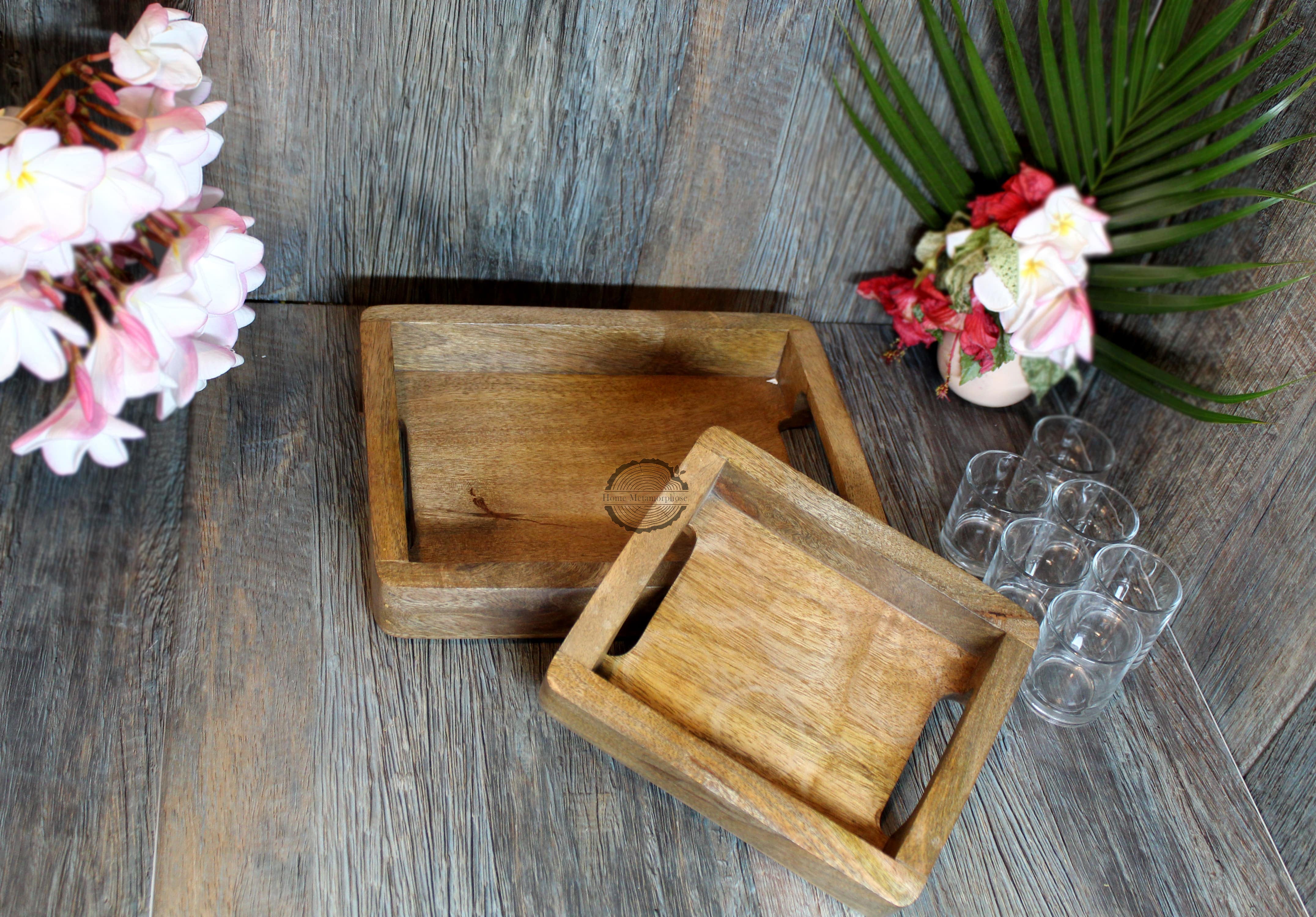 Decorative Ottoman Serving Tray Wooden Rustic (Set of 2), Rustic Brown | Black Sleek Metal Handles | 4 Matching Coasters | Coffee Table Decor | Serving Kitchen Platter | for All Occasions