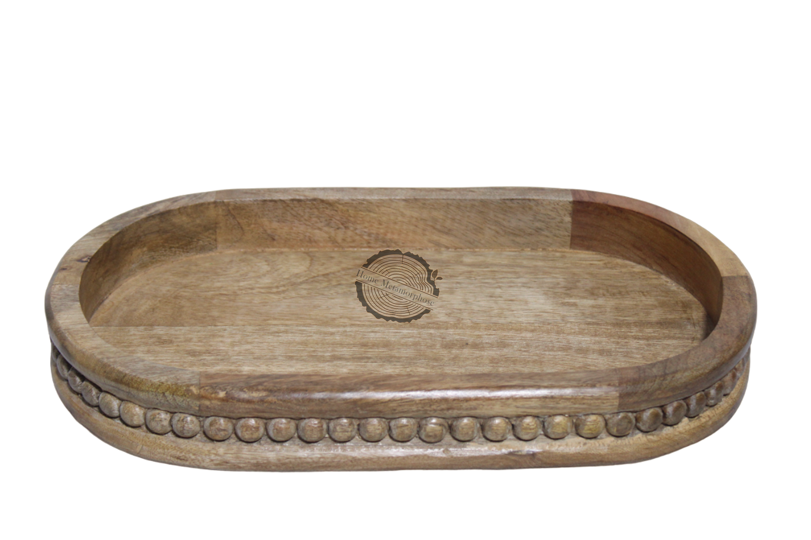 Wooden oval Serving Tray,Couch Tray, Decorative Wooden Serving Tray  Table, Oval Shaped, Oval Wood Serving Tray with Wooden Beads, Outdoor Farmhouse Decorative Tray for Ottoman, Coffee Table, Kitchen Counter Organizer, Home Decor