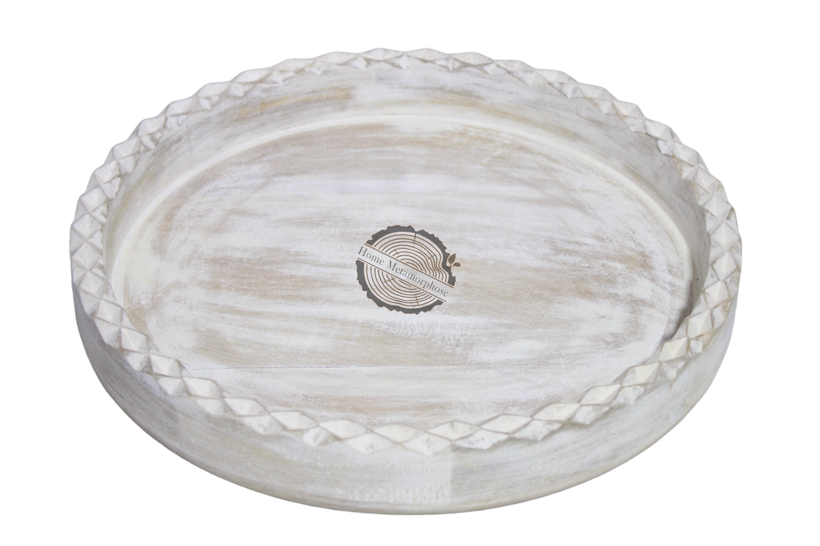 Wooden round Diamond cut tray,Decorative Farmhouse Style Distressed Whitewashed Wooden Tray,Whitewashed Round Decorative Wood Tray Round wooden tray