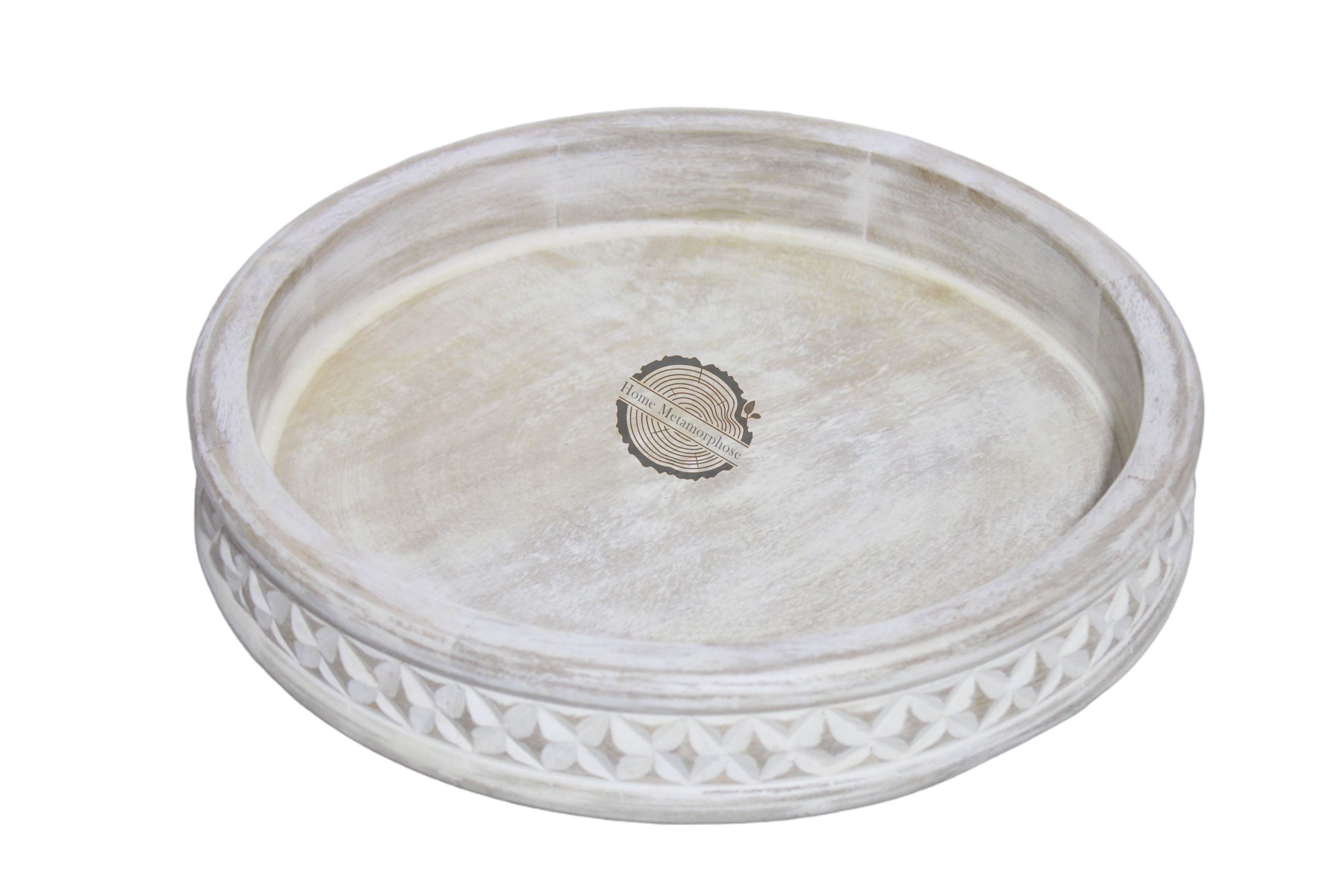 Wooden Round Diamond Cut Tray,Decorative Farmhouse Style Distressed Whitewashed Wooden Tray,Whitewashed Round Decorative Wood Tray Round Wooden Tray